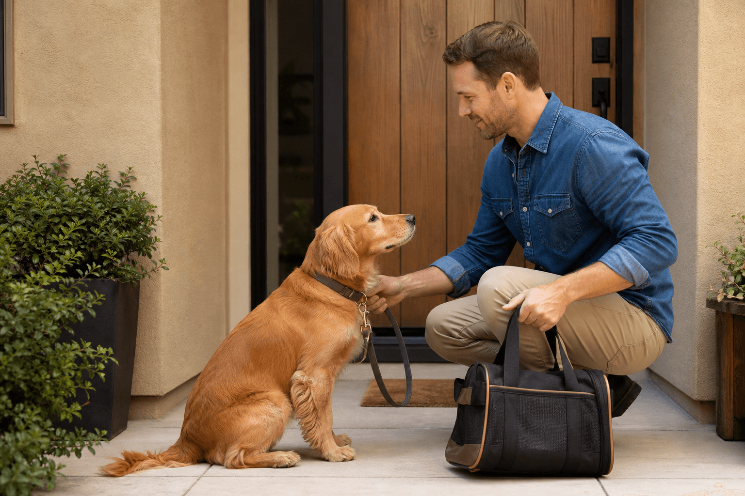A pet owner preparing a dog for a planned handoff