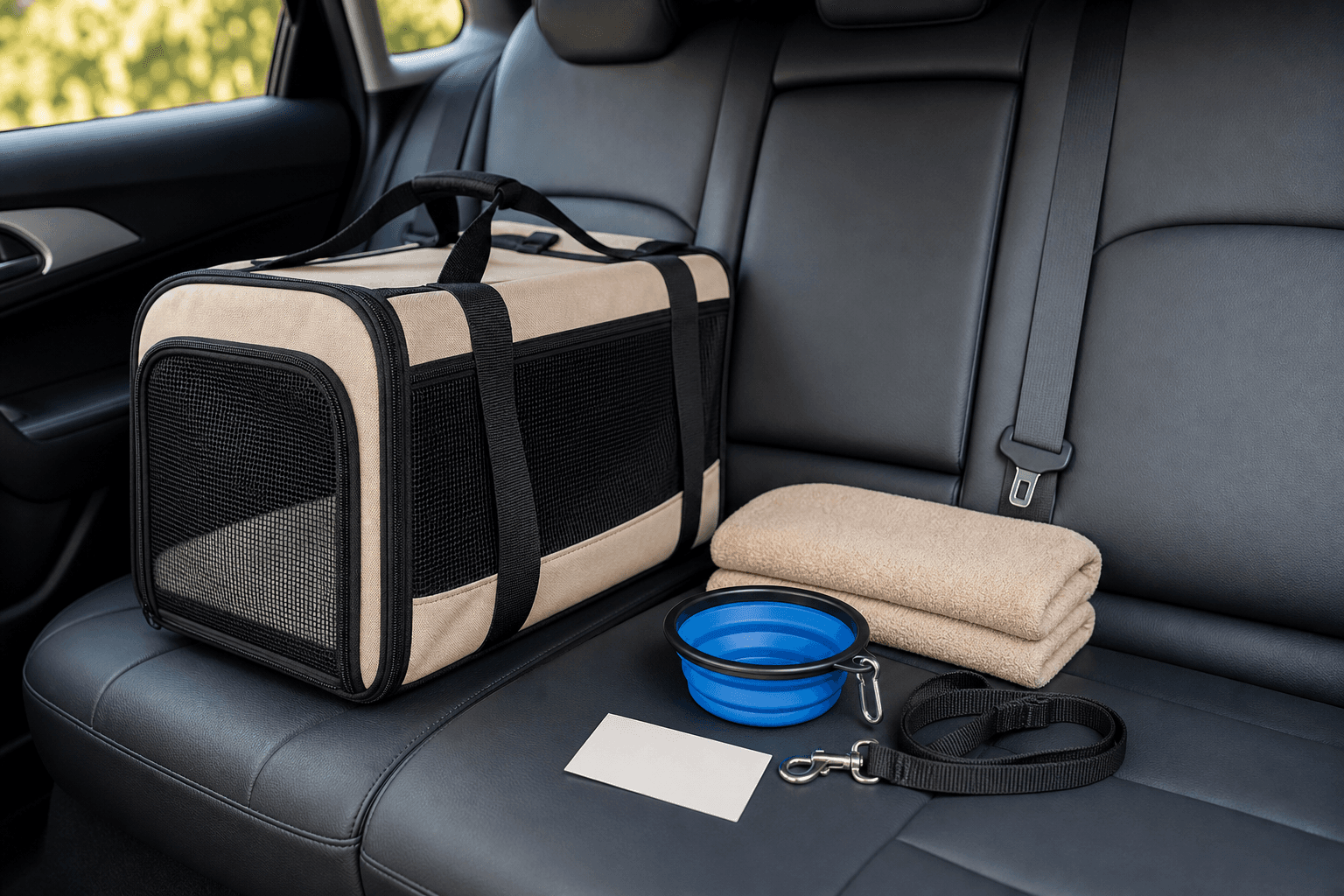A prepared pet travel kit in a clean vehicle